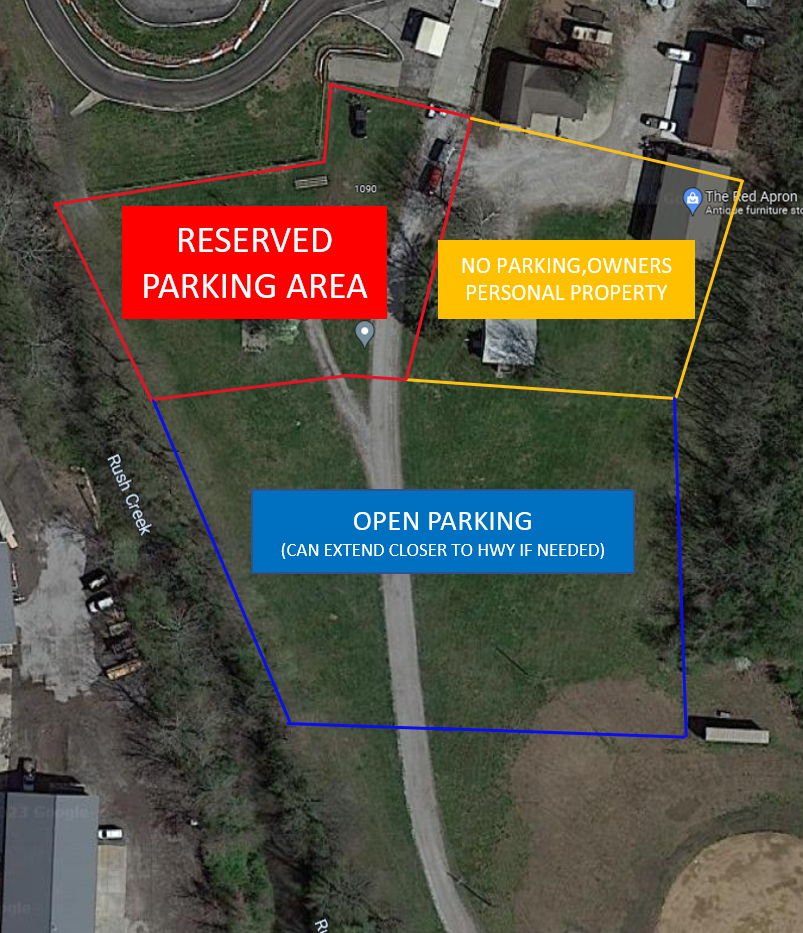 Aerial view of Liberty Kart Track parking zones: red reserved area near the track entrance, yellow no-parking zone on the owner's property, blue open parking area extending toward the highway.